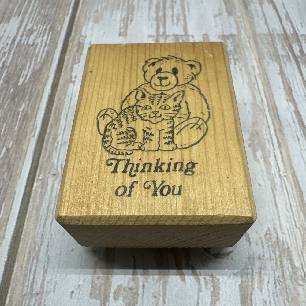 Vintage Teddy Bear & Kitten "Thinking Of You" Wood Mounted Rubber Stamp